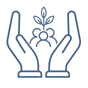 Hands surrounding a small plant and people symbolising protection for the planet and inclusive growth.