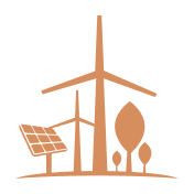 Orange icon with wind turbine and solar panels as siustainable infrastructure for renwable energy